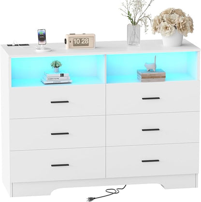 Dresser with Power Outlets and LED Lights Wooden 6 Drawer Dresser with Large by FJTJBSI