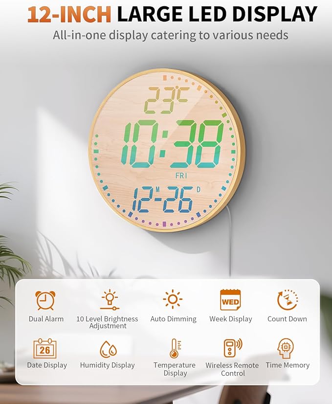 GLOKUUCA 12" Large Digital Wall Mount Clock, Count Down Timer, Big LED - Image 2