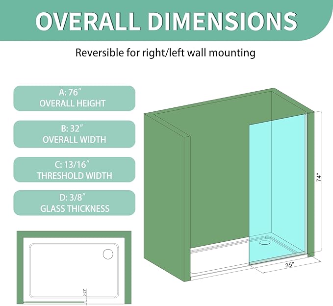 35"x74" Semi-Framed Shower Screen, Single Fixed Shower Glass Panel - Image 3