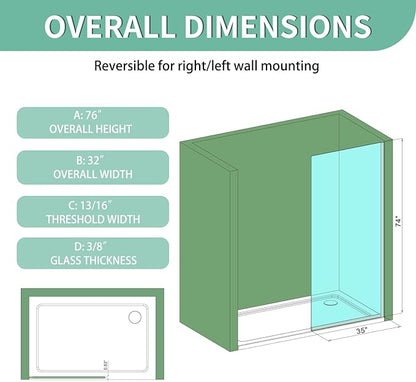 35"x74" Semi-Framed Shower Screen, Single Fixed Shower Glass Panel - Image 3