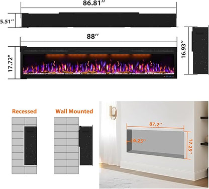 Electric Fireplace Recessed 88 inches, Insert and Wall Mounted Slim Fireplace - Image 6