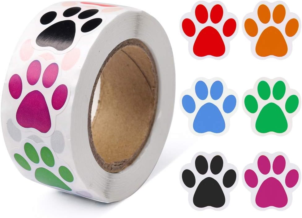 Dog Paw Print Stickers Roll, 500 Self-Adhesive Labels, Colorful | Paper Stickers, 2.5 Cm Paw Prints, Easy Peel And Stick, For Envelopes, Gift Wrap, Pet Parties, Classroom And Wall Decor