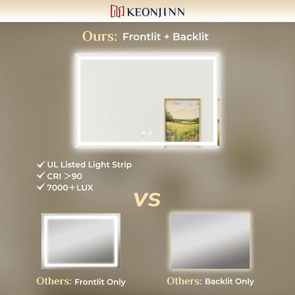 Keonjinn Beveled Bathroom Mirror with Lights 28" x 36", Frontlit & Backlit | HD Tempered Glass, Lighted Mirrors for Bathroom Wall, 3 Color Lights, Fast Defogging, Stepless Dimmable, Wall Switch/Plug in