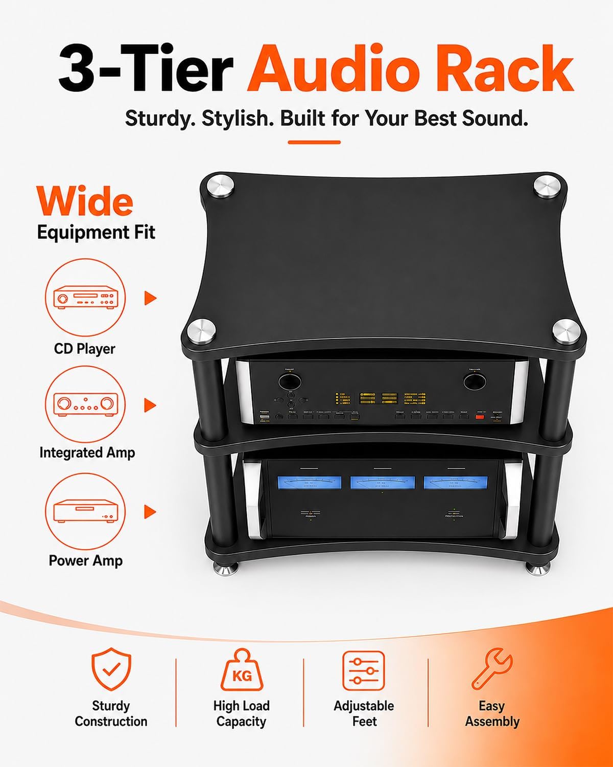 Heavy Duty 3-Tier AV Media Stand, 264 lb Load Capacity, Black