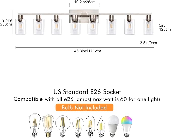8 Light Bathroom Vanity Light, Large Brushed Nickel Vanity Lights Fixtures - Image 3