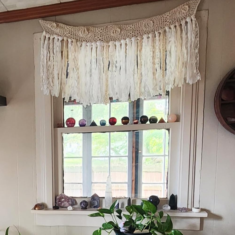 Boho Kitchen Curtains Short Shabby Chic Lace curtain for Bedroom Handmade Cotton Crochet Lace Kitchen Valance Country Cottage Cafe Curtain 16 inch Long Bohemian Wedding Decor 30x16 Inch,Cream