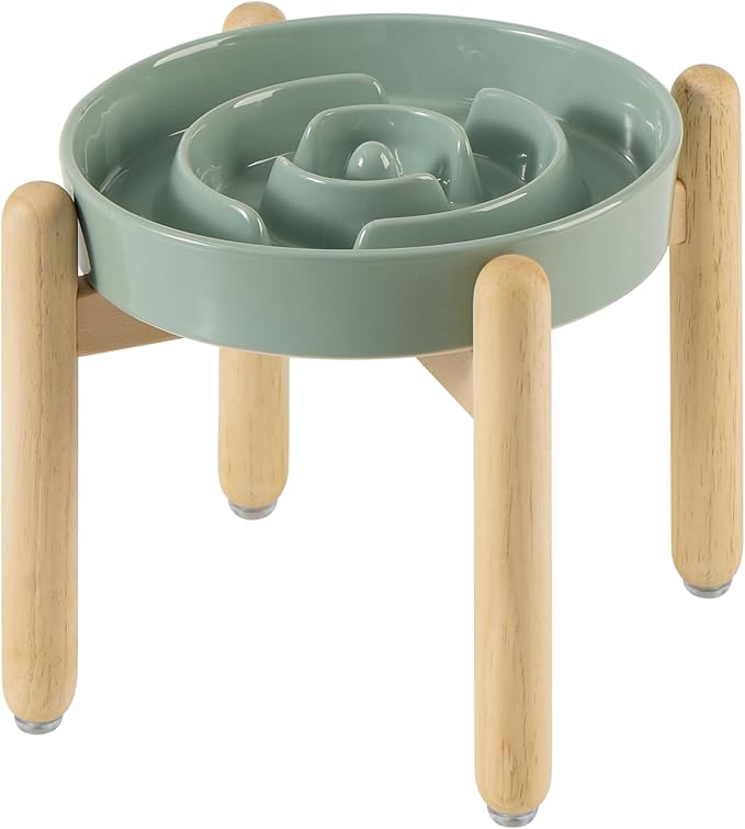 Ceramic 1.6 Cup Raised Slow Feeder Dog Bowl Set, Elevated Wooden Stand by Havniva