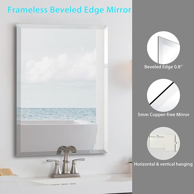 Frameless Beveled Edge Bathroom Mirror 24x32 Inch Rectangle Beveled Mirror Wall - Image 2