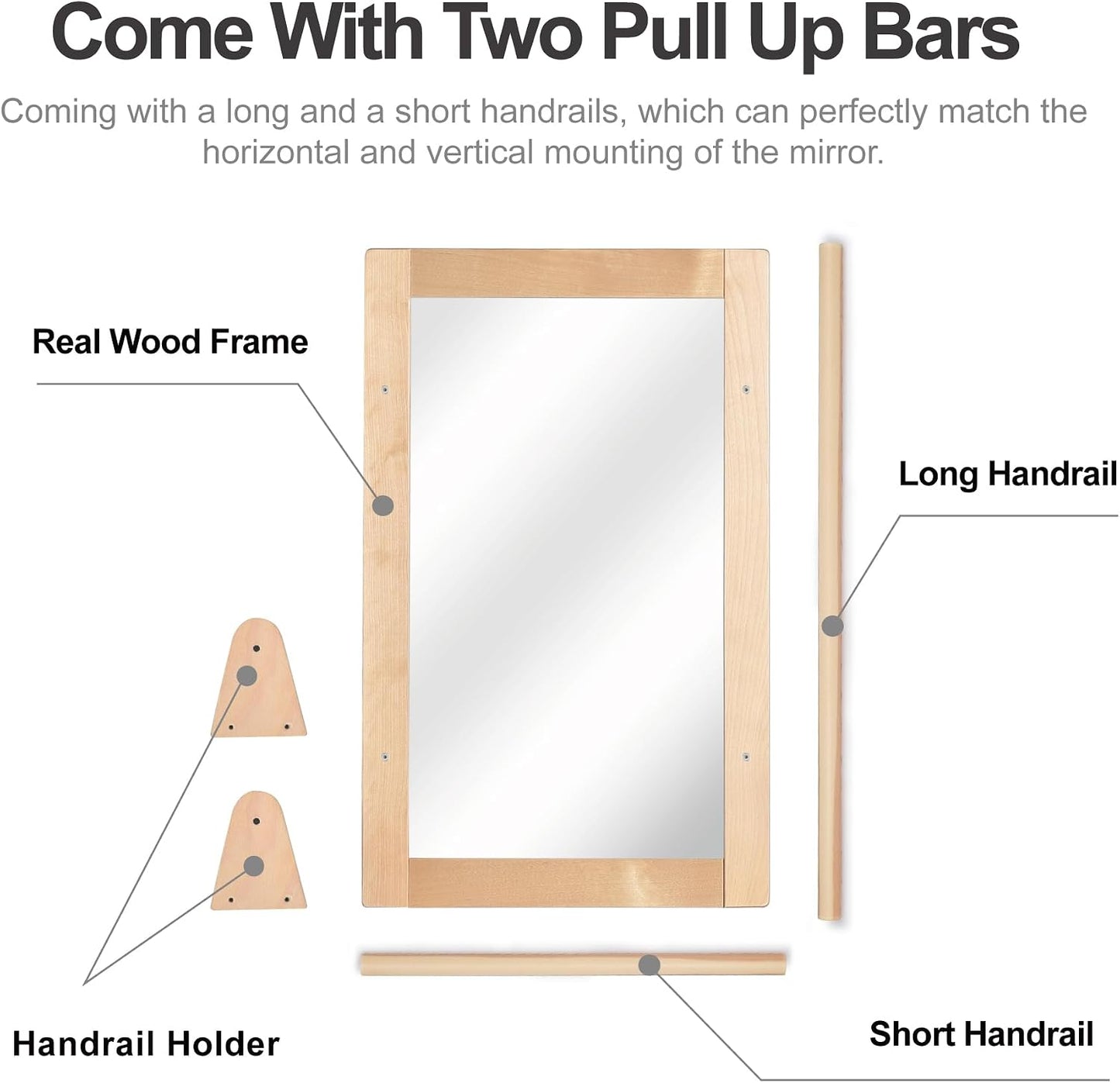 Baby Montessori Non-Shatter Sensory Safety Mirror w/ 2 Pull Up Bars | Exquisitely Crafted Solid Birch Wood Frame, Infant Coordination Small Mirror For 6-18 Months