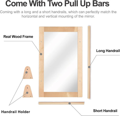 Baby Montessori Non-Shatter Sensory Safety Mirror w/ 2 Pull Up Bars | Exquisitely Crafted Solid Birch Wood Frame, Infant Coordination Small Mirror For 6-18 Months