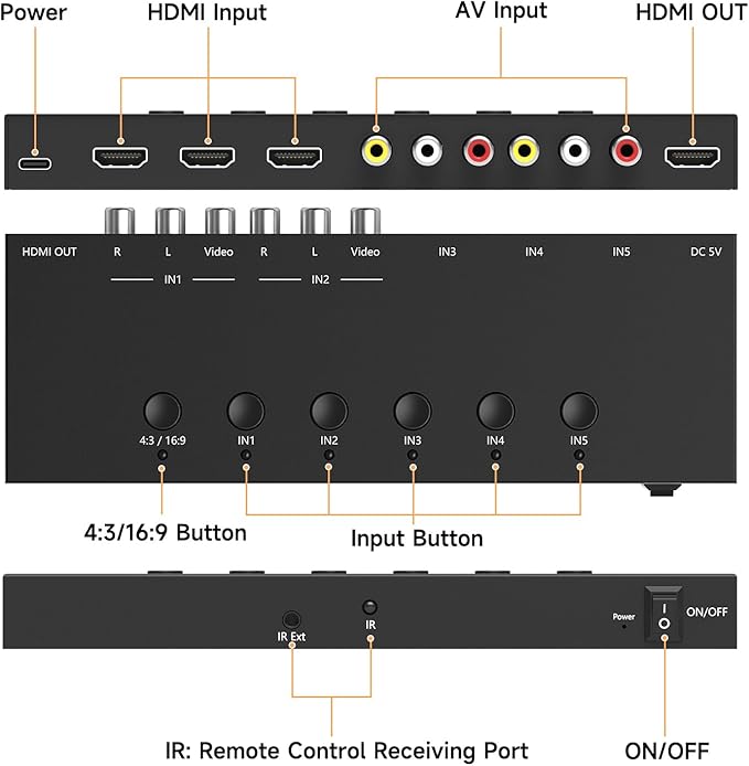 5 in to 1 Out RCA/HDMI Switcher，3 Way HDMI 2.0 + 2 RCA to HDMI Converter - Image 3