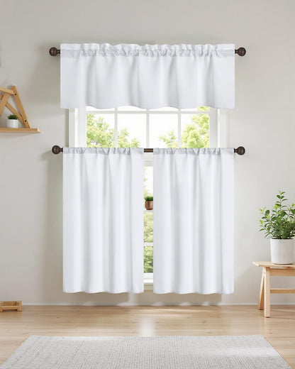 Easy Home 3 Piece Solid Color Blackout Window Curtain Set with Tiers and Valance Rod Pocket Thermal Privacy Curtain Tiers for Kitchen, Living Room, Bathroom Shades, W27 x L36 Inch, (White)