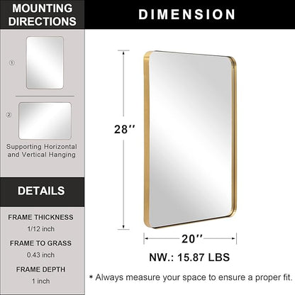 ANDY STAR Gold Bathroom Mirror for Wall, 20x28” Brushed Brass Metal Rounded - Image 4