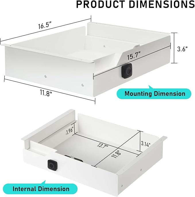 Under Desk Drawer Storage with Fingerprint Lock, Slide Out Metal Organizer - Image 2