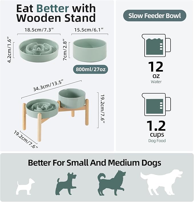 Ceramic 1.2 Cup Raised Slow Feeder Dog Bowl Set, Elevated 6.1inch Bowl and - Image 2