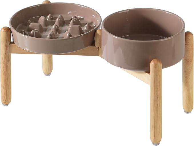 Ceramic Raised Slow Feeder Dog Bowl Set, Elevated 7.3inch Bowl and 8.2inch Slow by Havniva