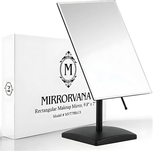 Large Adjustable Table Desk Mirror with Stand, 9.8" x 7" (Black) | Personal Face Mirror Fits Vanity, Bathroom Countertop, or Office Desktop with Stable Base for Styling, Makeup & Daily Care