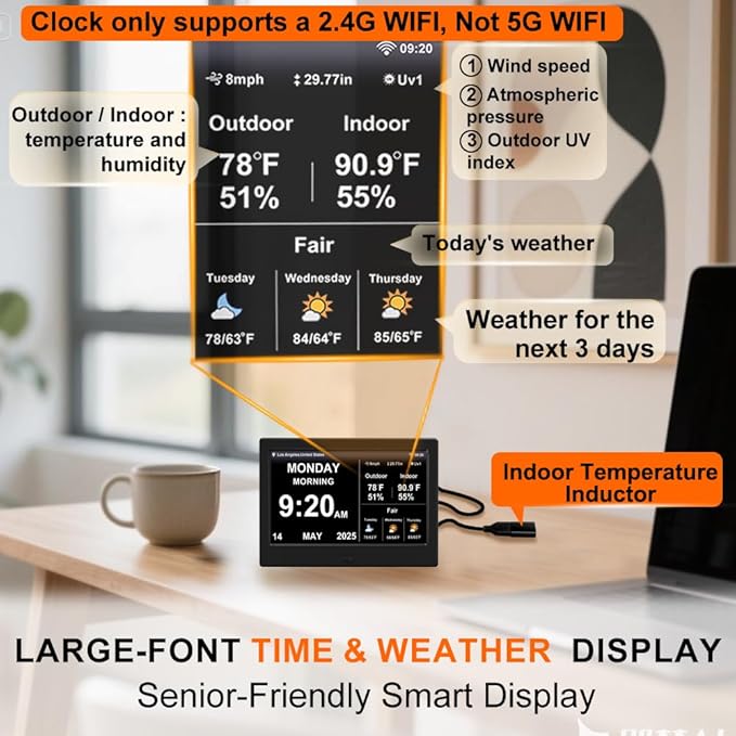 2025 Digital Clock with Weather Forecast & Temperature/Humidity Large Display - Image 2