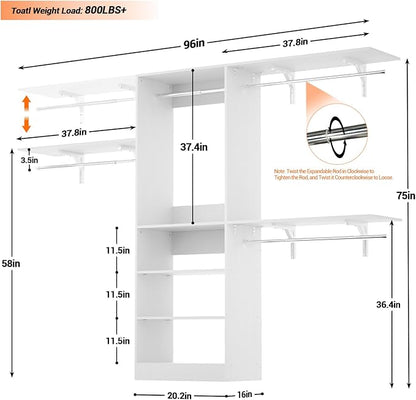 8FT Closet System with Shelves, Wall Mount Bedroom Wardrobe Walk-in Closet - Image 7