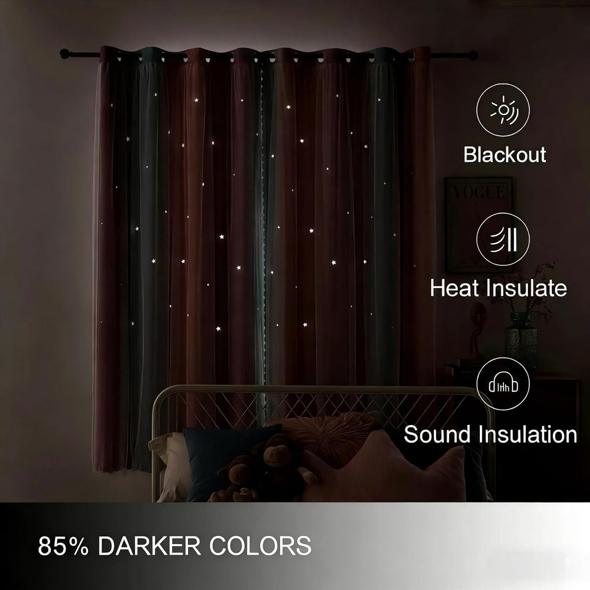 Star Cutout Blackout Curtains, Pink Purple Blue, W52 x L63 Inch | 2 Panels, Outer Sheer Layer, Rainbow Ombre Unicorn Princess Decor, Top Grommets, Ideal for Girls Bedroom Kids Room Nursery