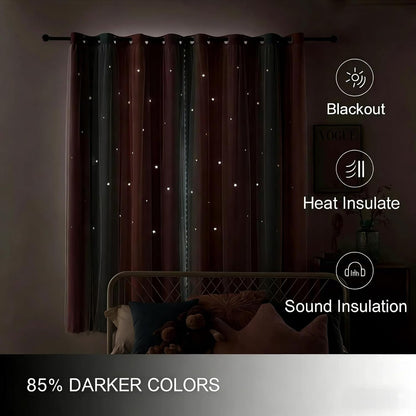 Star Cutout Blackout Curtains, Pink Purple Blue, W52 x L63 Inch | 2 Panels, Outer Sheer Layer, Rainbow Ombre Unicorn Princess Decor, Top Grommets, Ideal for Girls Bedroom Kids Room Nursery
