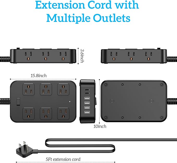 Solidock Flat Plug Power Strip Surge Protector 5 Ft Extension Cord - Image 6