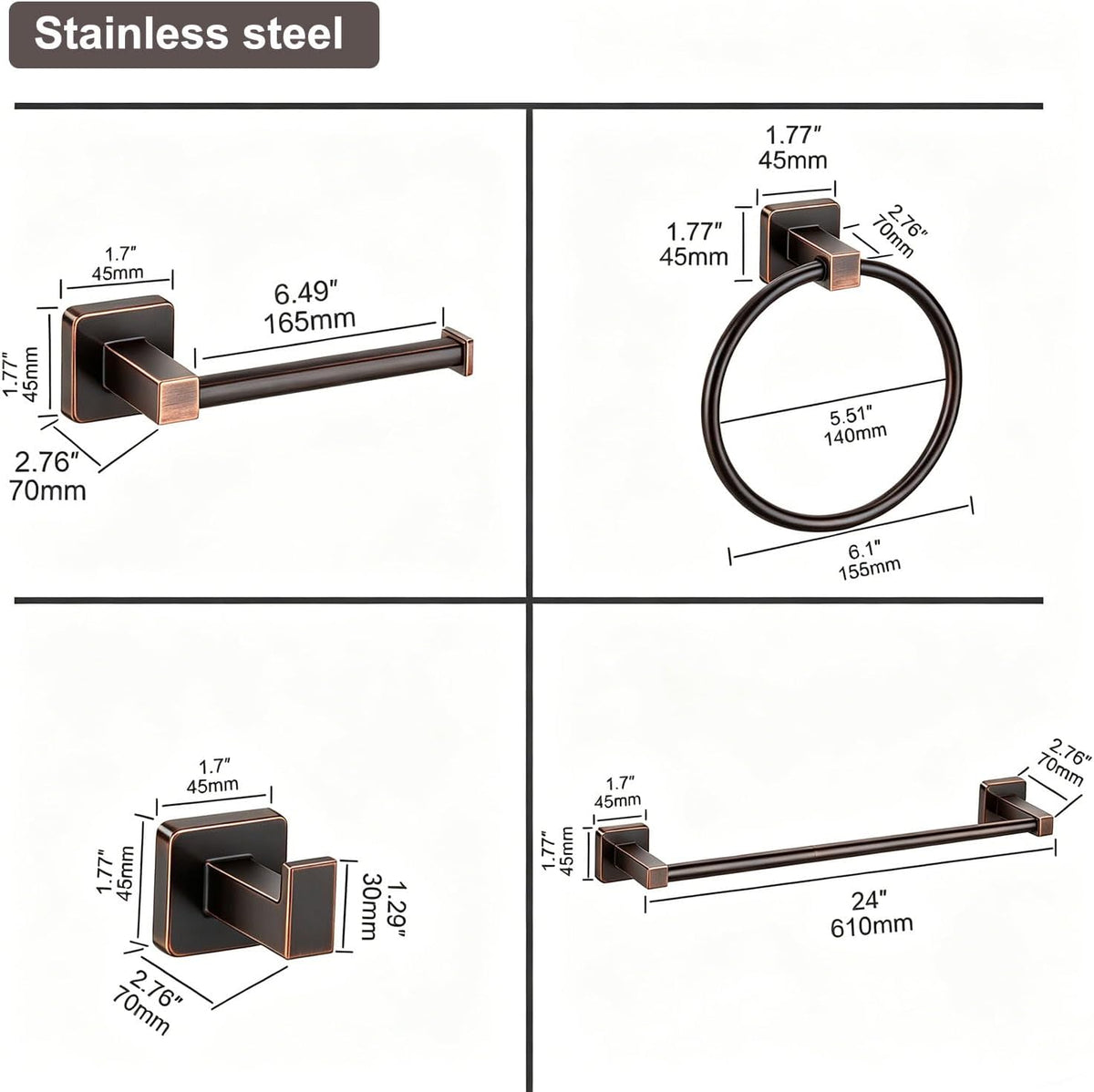 Oil Rubbed Bronze Stainless Steel 24In Towel Bar Set, 4 Pieces