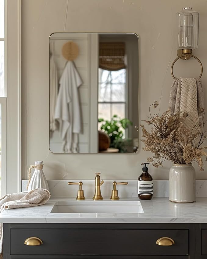 Andy Star Gold Bathroom Mirror, 22x30'' Brushed Brass Metal Frame Rounded - Image 7