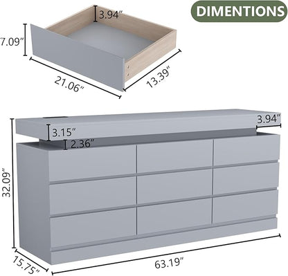 9 Drawer Dresser with Power Outlet, Dresser with LED Light, Modern Chest of - Image 2