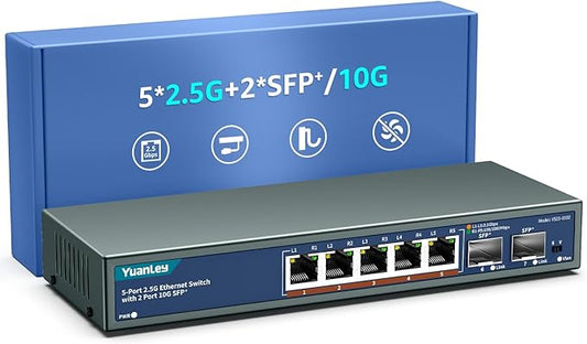 7 Port 2.5G Unmanaged Ethernet Switch, 5 x 2.5G Base-T Ports, 2 x 10G SFP by YuanLey
