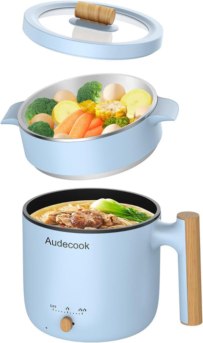 Audecook Hot Pot Electric with Steamer, 1.8L Portable Mini Travel Cooker by Audecook