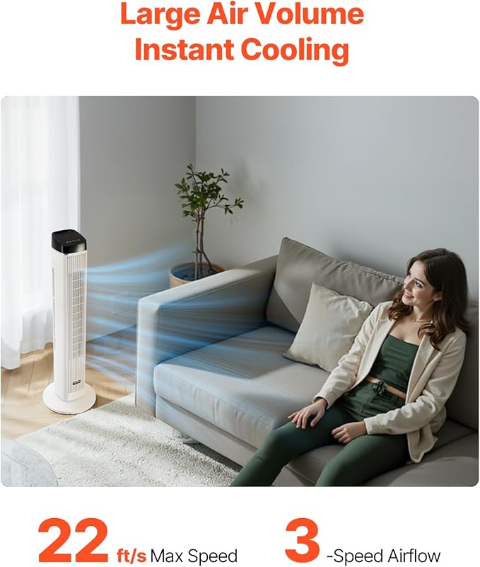 VEVOR Tower Fan, 22 ft/s Velocity Quiet Floor Fan, 70° Oscillating Fans - Image 3