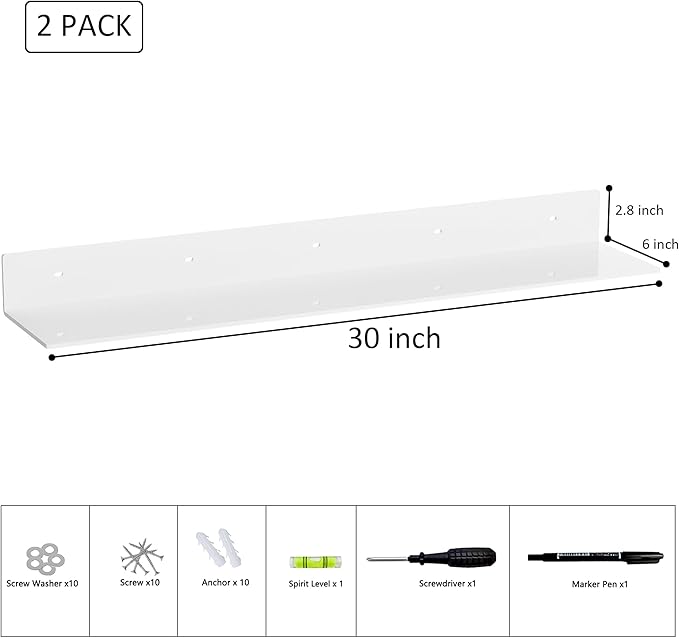 30 Inch White Floating Shelves for Wall Décor, Acrylic Storage Wall Shelf Holder - Image 3