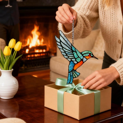 Stained Glass Hummingbird Suncatcher,Unique Handmade Window Hanging Ornament - Perfect Housewarming,Birthday, Christmas & Thanksgiving Gift for Bird Lovers and Mom (Hummingbird A)