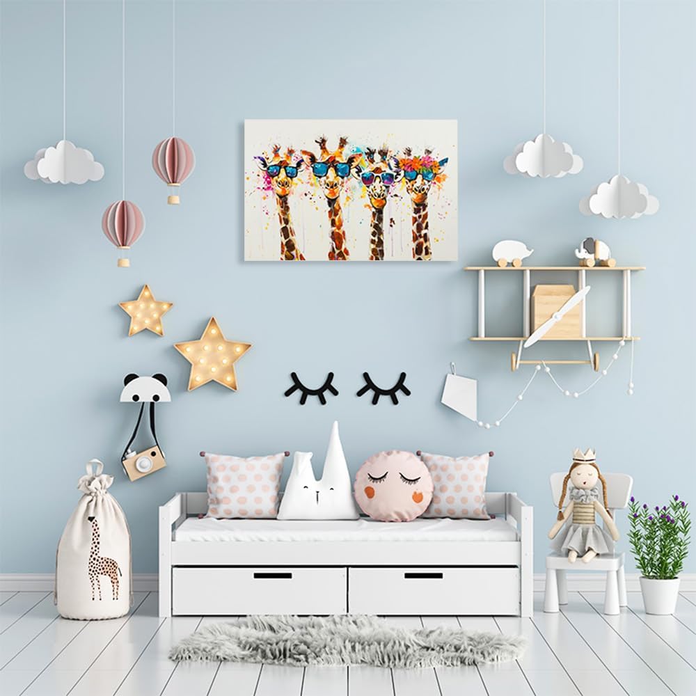 Ypxzzj Framed Cute Giraffes Canvas Wall Art Colorful Animal Posters Prints Pictures Wall Decor Modern Graffiti Painting Artwork for Living Room Bathroom Decor Ready to Hang(36''x24'')