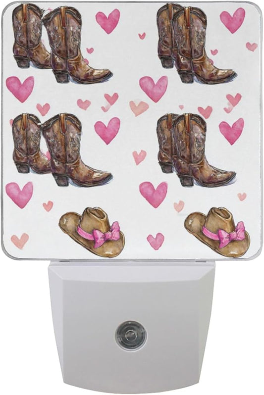 Pigsaly Led Night Light Cowgirl Hat Boots Pink Bow Hearts Night Light Plug in by Pigsaly