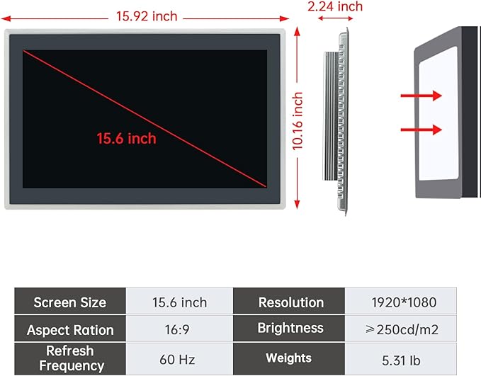 15.6-Inch Industrial Embedded Panel PC, Ratio 16:9 Multi-Touchscreen-Monitor - Image 3