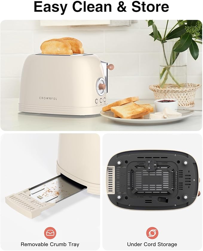 CROWNFUL 2-Slice Toaster, Extra Wide Slots Toaster, Retro Stainless Steel - Image 7