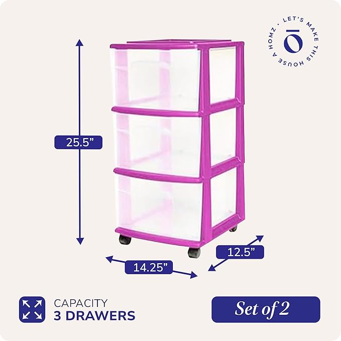 HOMZ 2-Pack Drawer Tower, 3-Tier Clear Plastic Storage Organizer Cart, and - Image 3