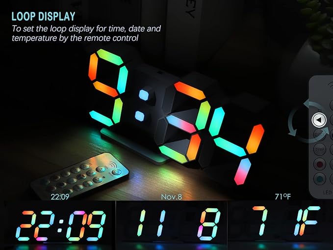 KOSUMOSU Wall Clock Neon Digital Clock 3D LED Desk Clock Large Display 9.7" RGB - Image 5