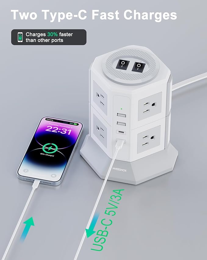 Tower Surge Protector Power Strip Flat Plugs - Image 4