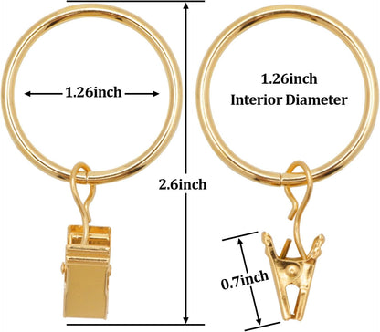 40 Pack Gold Curtain Rings with Clips,1.26 inch Interior Diameter | Shower Curtain Hooks,Gold Curtain Rings with Clips,Drapery Clips with Rings,Drapery Hooks