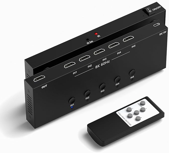 8K 5 in to 1 Out HDMI Switcher，5 Way HDMI Converter & Infrared Remote Control by Arector