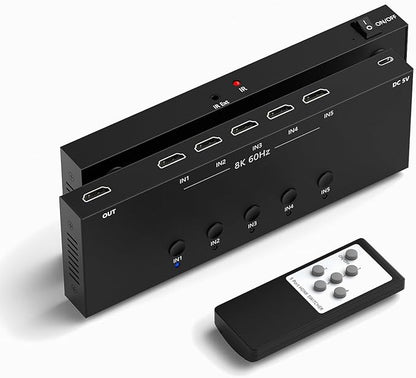 8K 5 in to 1 Out HDMI Switcher，5 Way HDMI Converter & Infrared Remote Control by Arector