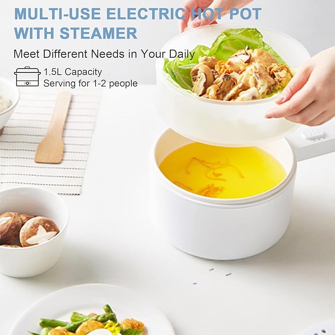 olakys. Electric Hot Pot with Steamer, 1.5L Ceramic Glaze Non-stick Portable Pot - Image 5