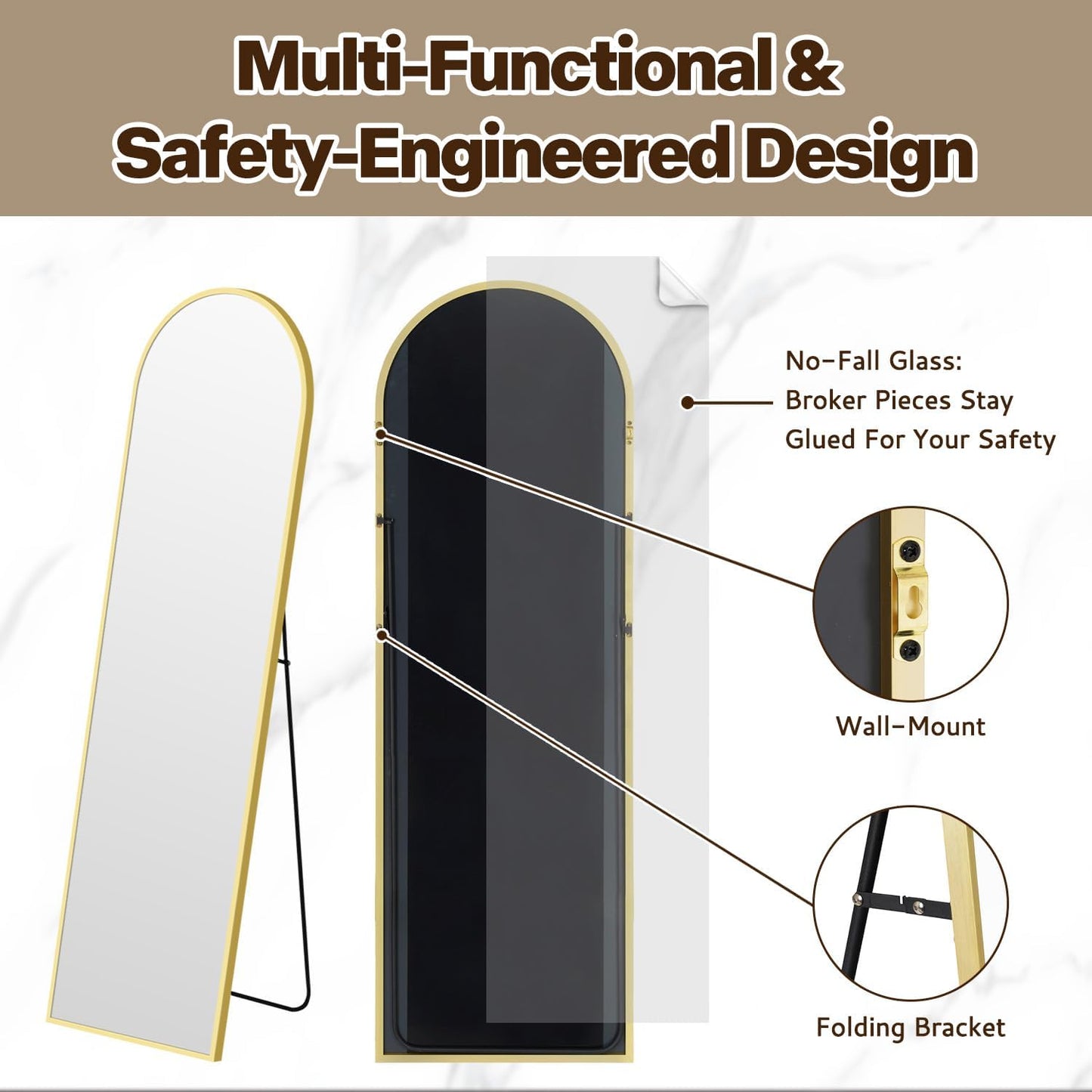 Full Length Mirror, 55x15‘’ Arched Wall Mirror for Bedroom, Long Gold Standing Floor Mirror, Full Body Tempered Glass Vanity Mirror with Aluminum Frame for Entryway, Living Room, Bathroom Décor