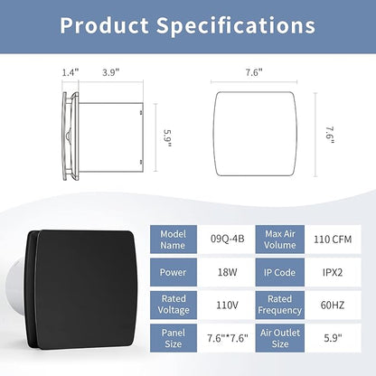 Zeyzer Black Bathroom Fan 110 CFM 1.0 Sone 5.9" Duct Square Ceiling or Wall - Image 3