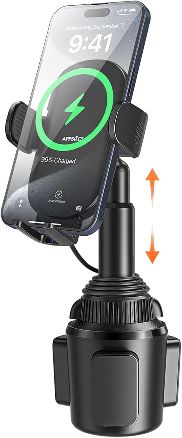 APPS2Car 15W Qi Wireless Car Charger Solid Cup Holder Mount, Adjustable Long ...