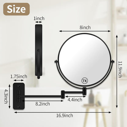BTremary 8” Wall Mounted Magnifying Makeup Mirror 1X/7X Wall Mount Mirror Swing Arm Two-Sided 360° Swivel Bathroom Shaving Mirror for Men and Women in Hotel/Home, Black