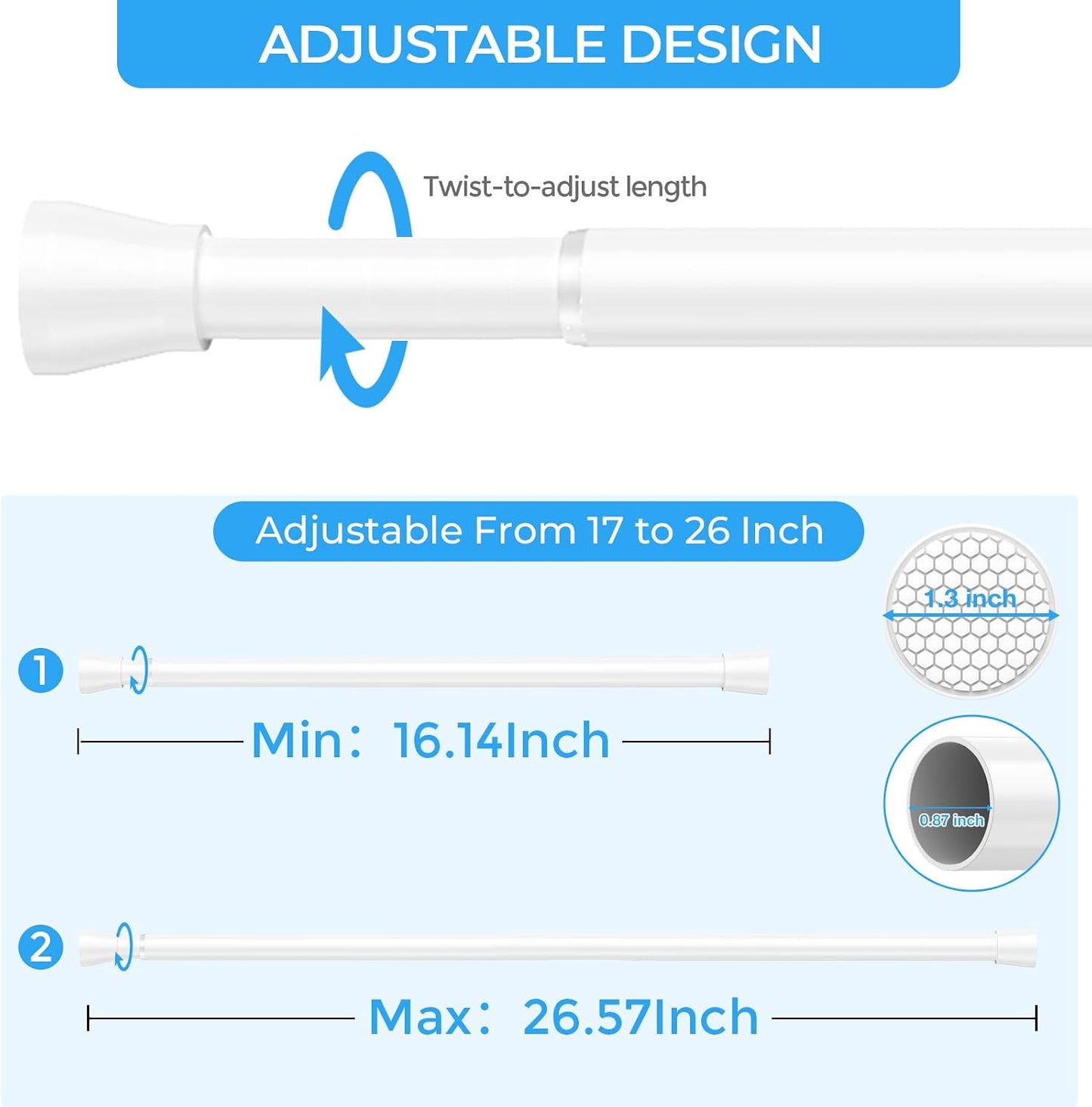 2PCS White Tension Curtain Rod 16 to 26 Inch Adjustable No Drilling | Rust-Resistant, No Slip, Small Spring Curtain Rods for Window, Kitchen, Closet, Cupboard, Bookshelf & DIY Projects